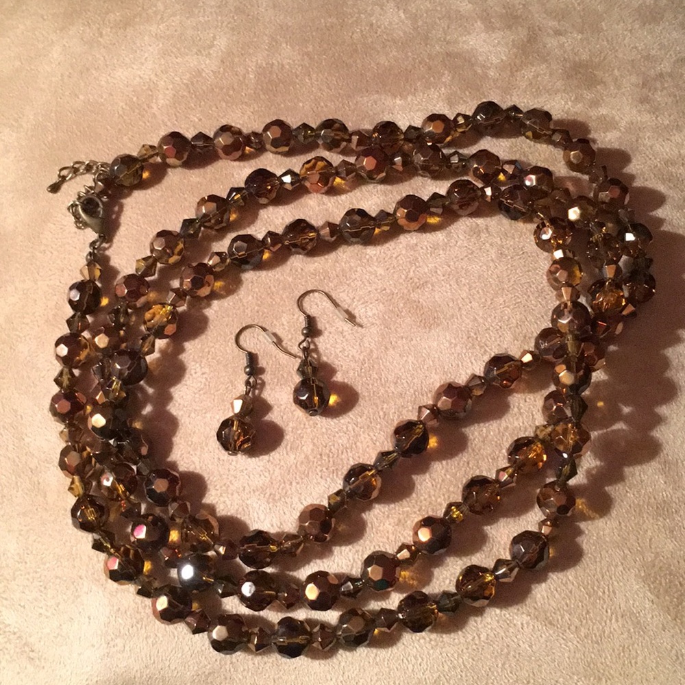 brown crystal long necklace and earring set